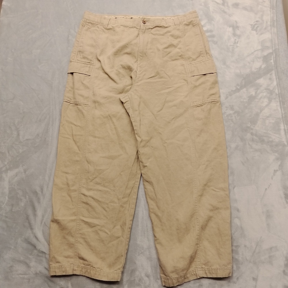 VTG La Cabana Pants Mens 38x28 Tan Cargo Casual Linen Blend Flat Front
